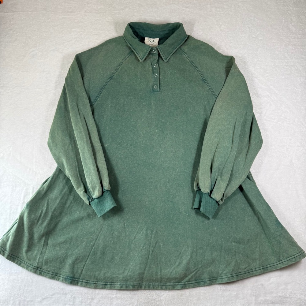 Fantastic‎ Fawn Sage Green Acid Wash Cotton Polo Tunic Sweatshirt Pockets Small